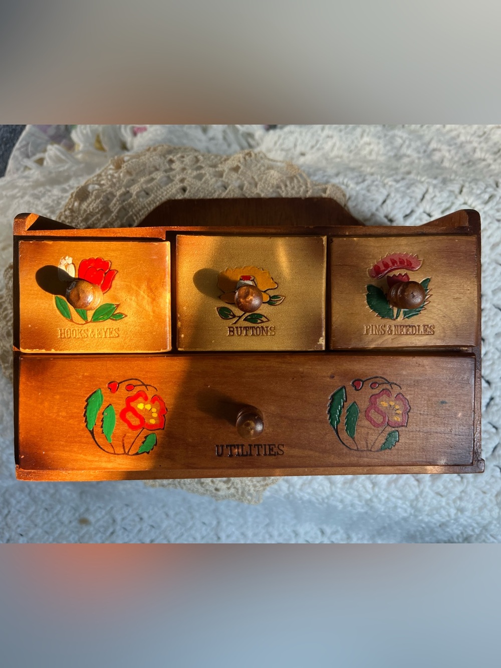 Vintage Wooden Sewing Organizer with Floral Drawers - Yellow & Brown